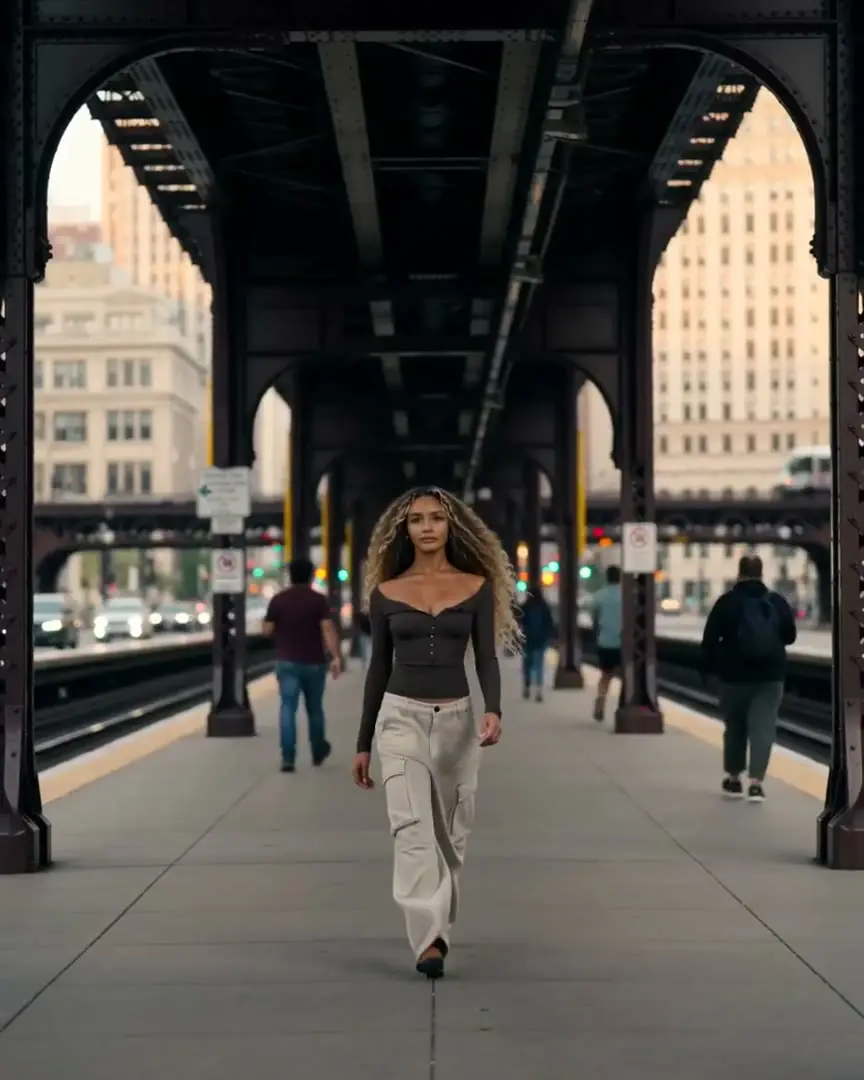 A woman walking along an elevated train platform.