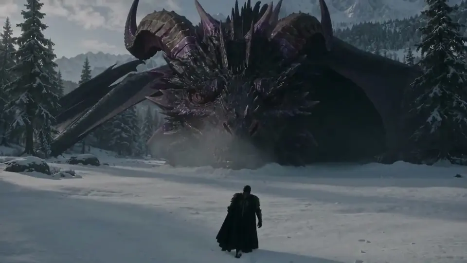 A cloaked figure facing a dragon in a snowy forest.