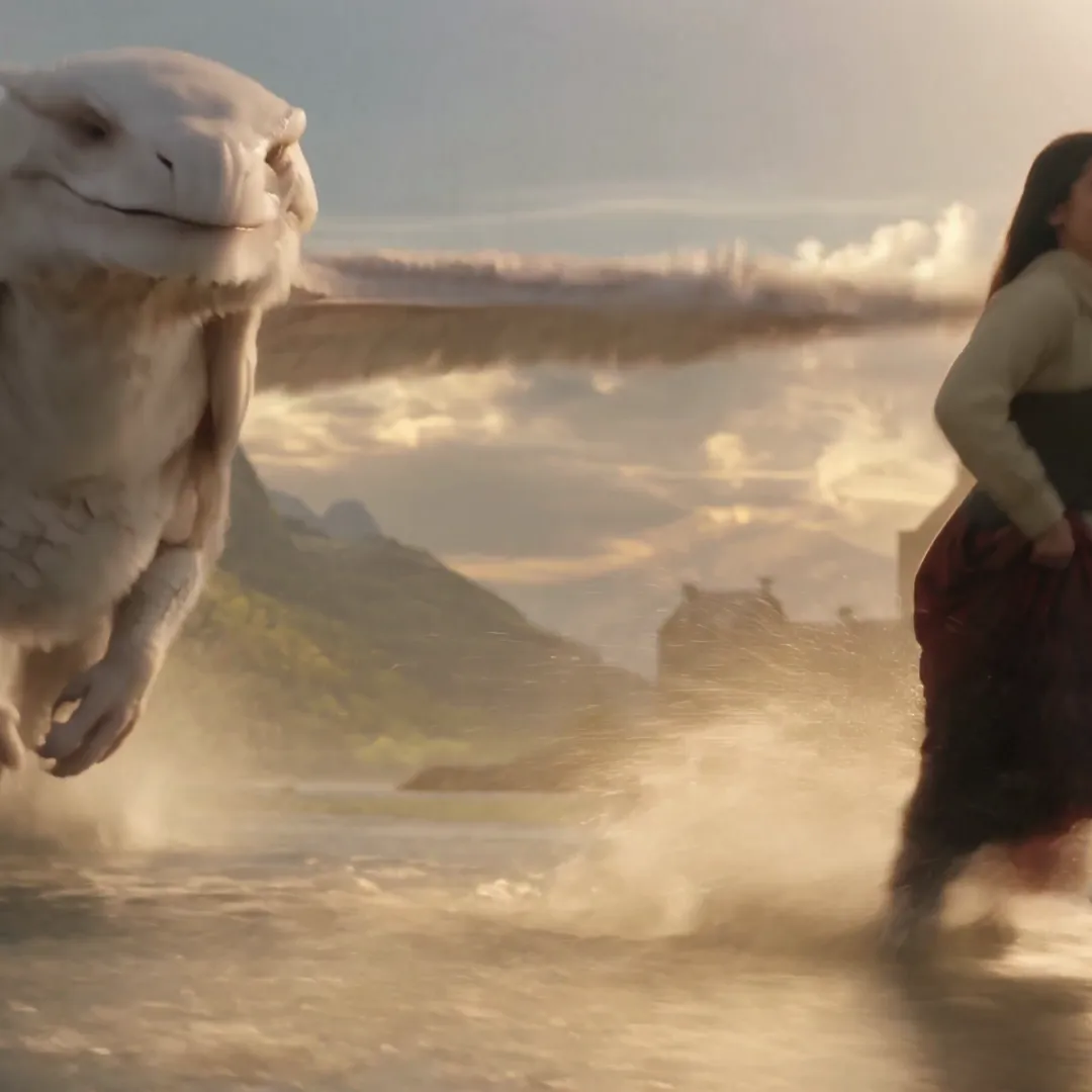 A runner before a white dragon on a misty shore.